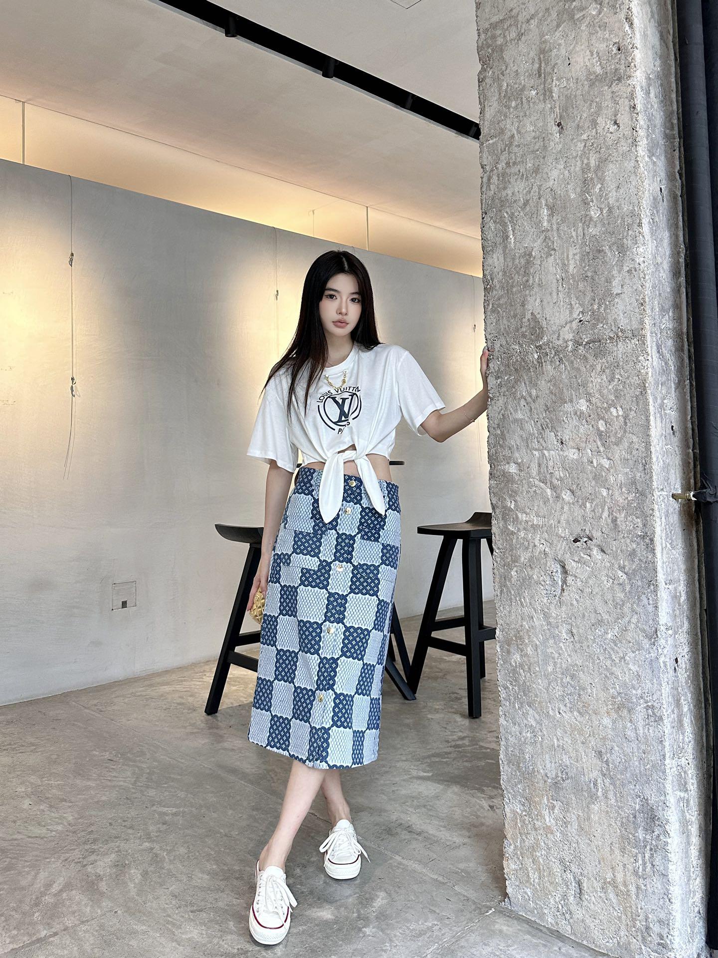루이비통 체커보드 프린트 데님 스커트 (해외배송)